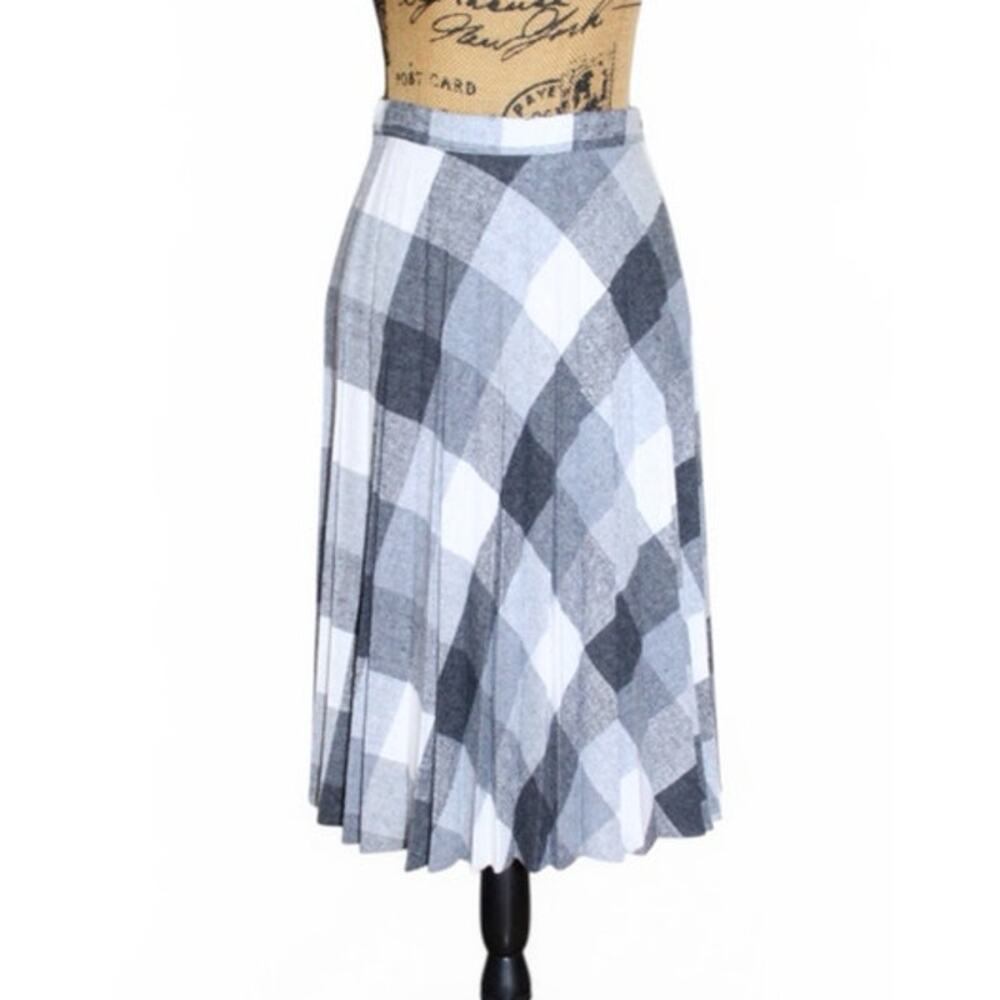 VTG 1980s Gray Plaid Wool Blend Pleated Accordion A-Line Midi Skirt Women’s S